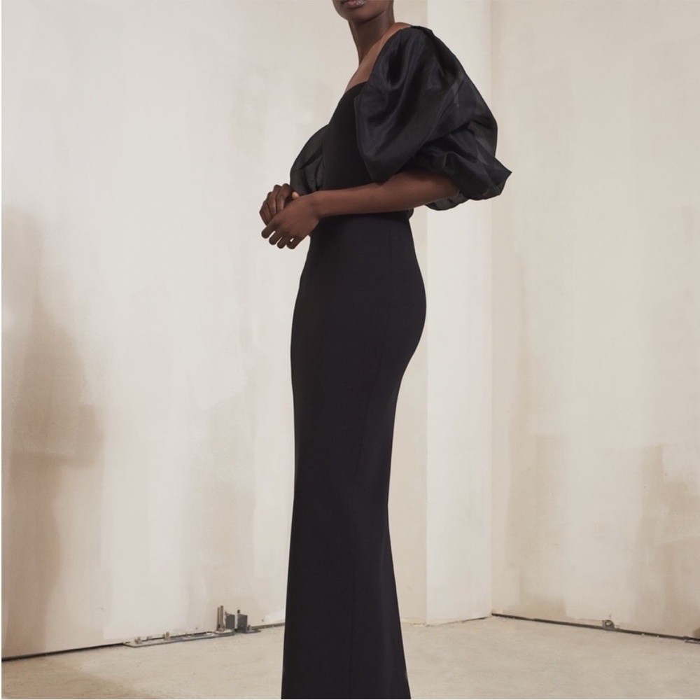 Gorgeous Solace London Black Off-Shoulder silk chiffon puff sleeve gown - Picture 2 of 3